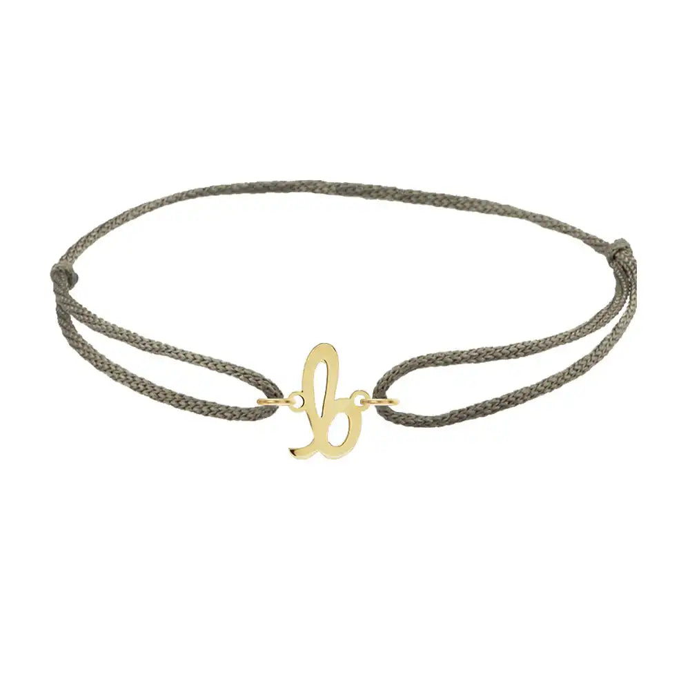 Script initial b silk bracelet in 14K yellow gold on olive silk