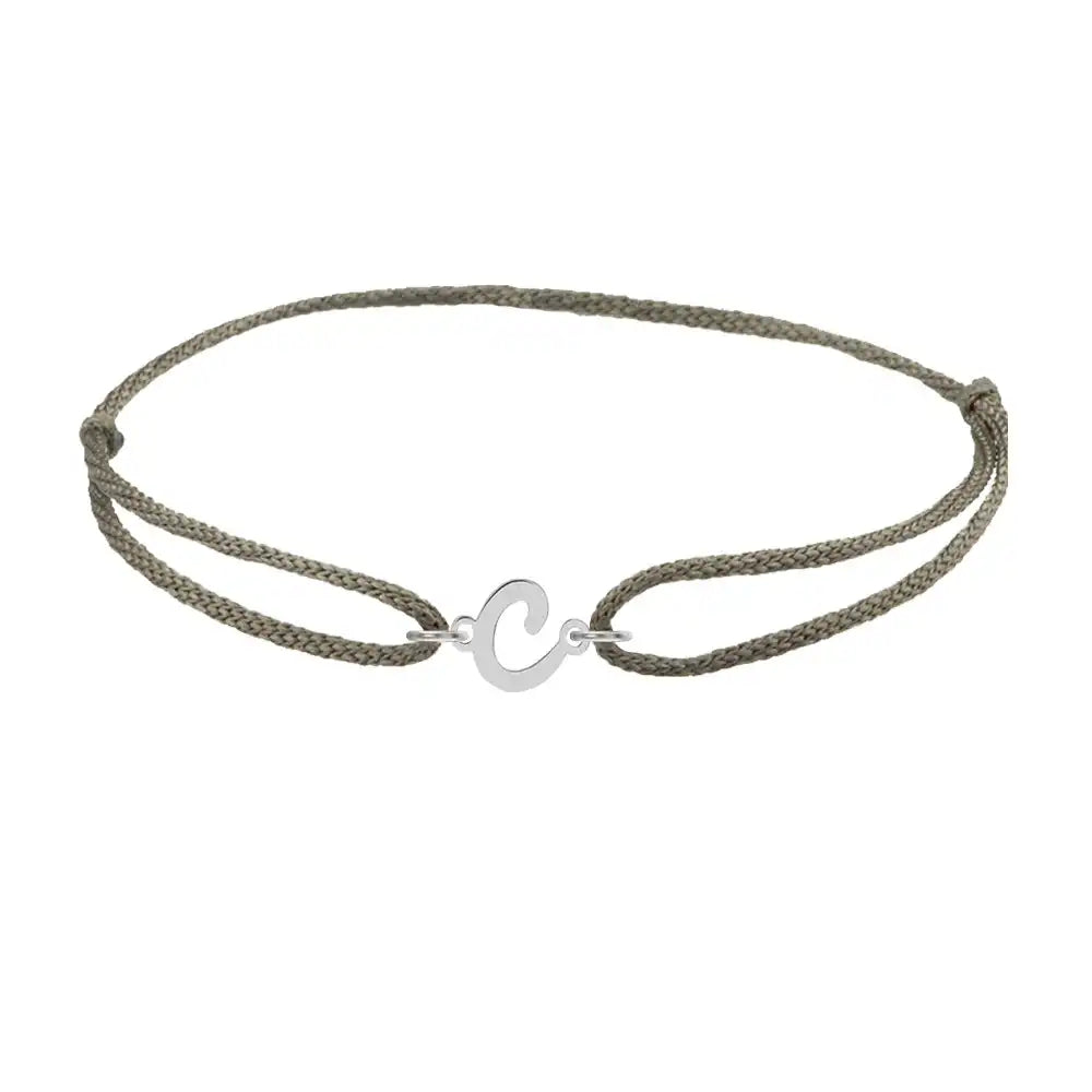 Script initial c silk bracelet in 14K white gold on olive silk