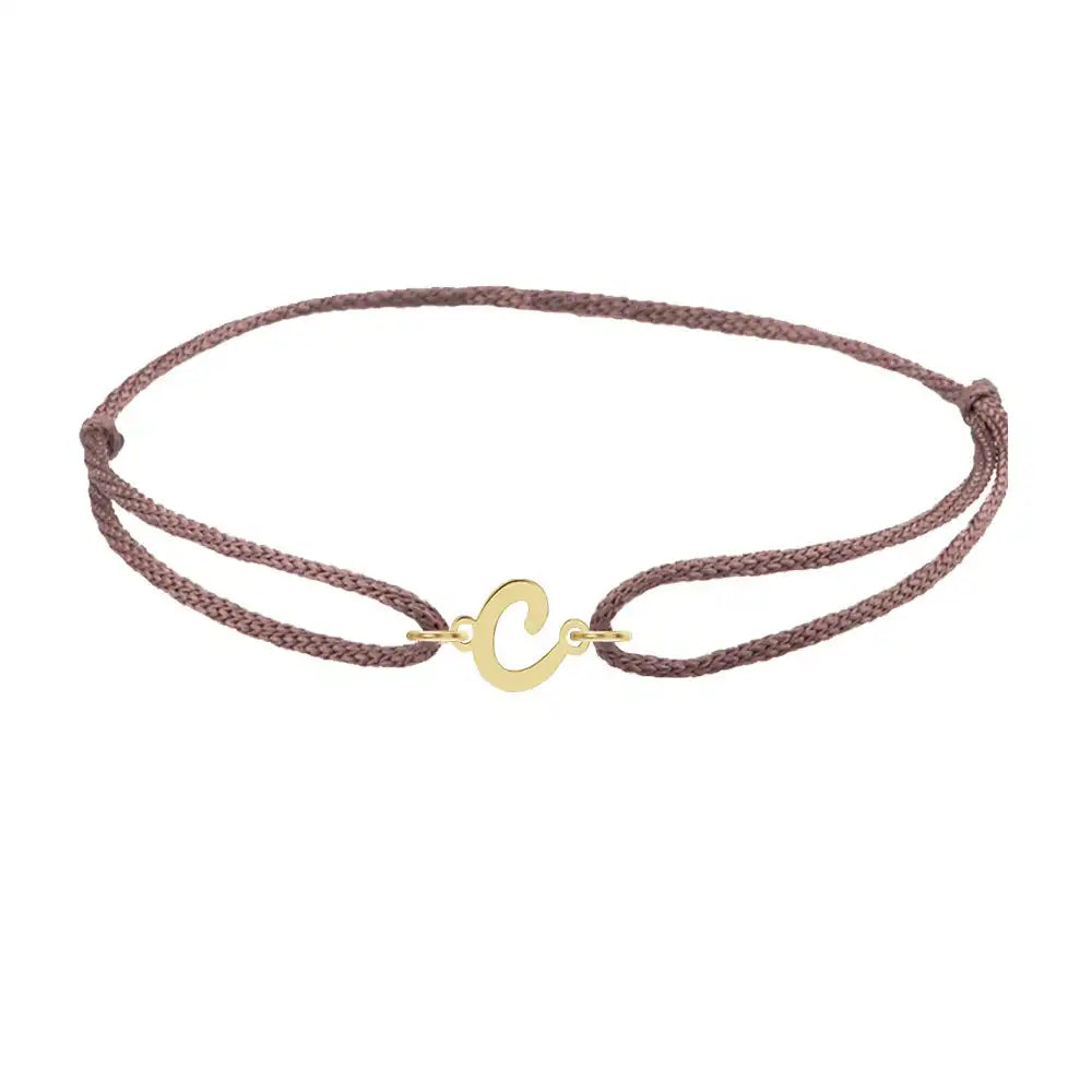 Script initial c silk bracelet in 14K yellow gold on brown silk