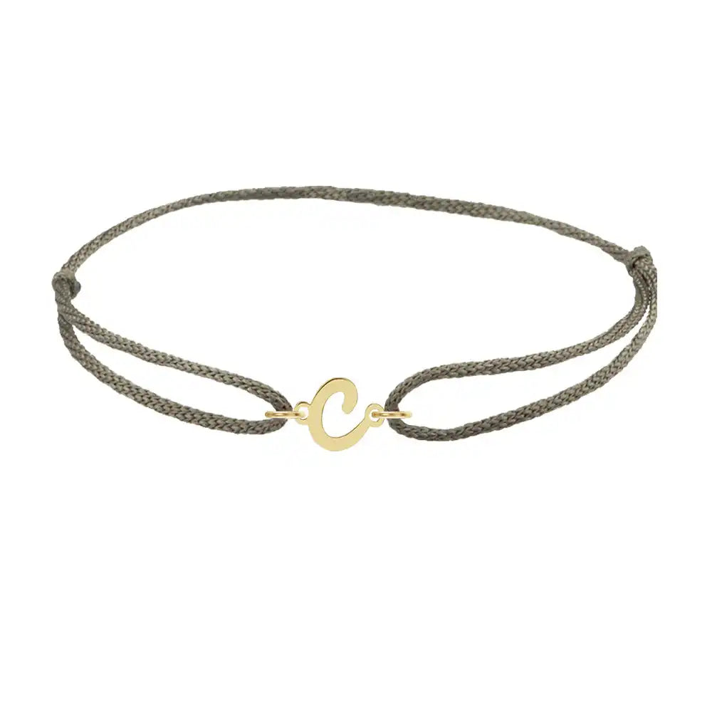 Script initial c silk bracelet in 14K yellow gold on olive silk