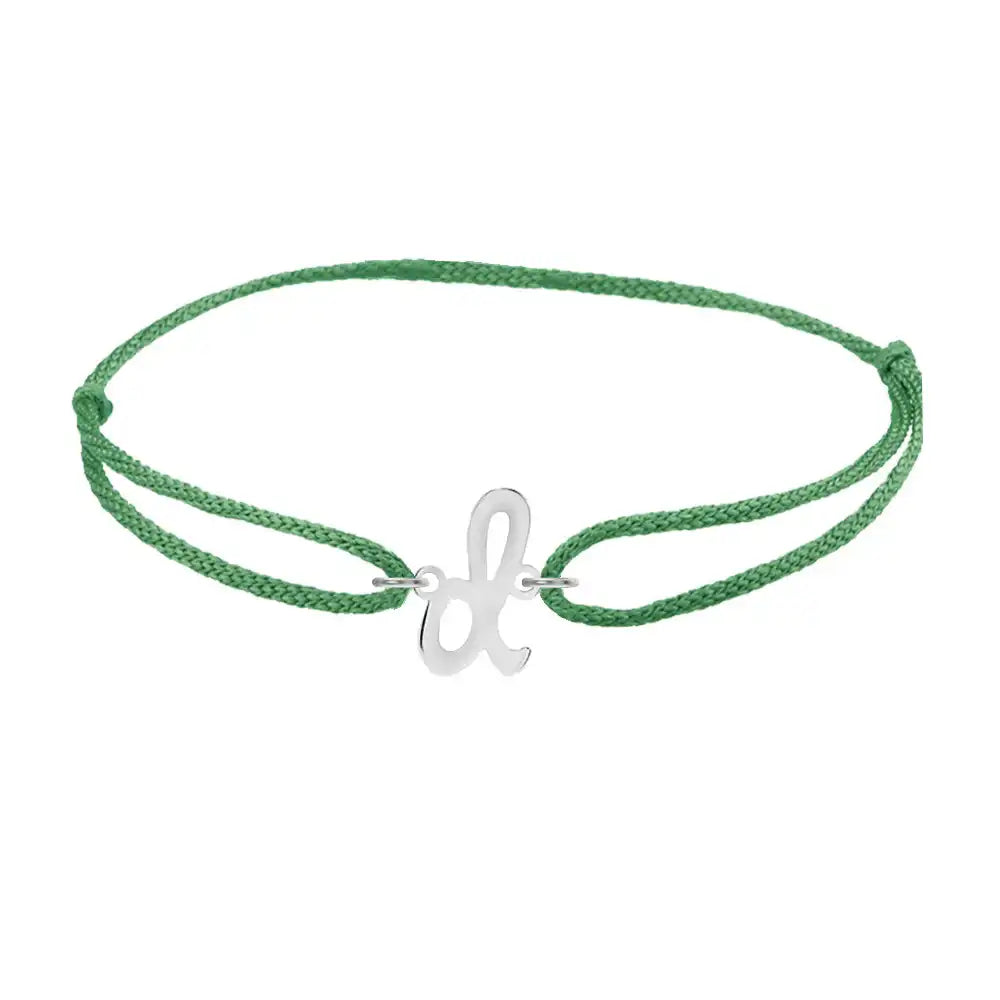 Script initial d silk bracelet in 14K white gold on emerald silk