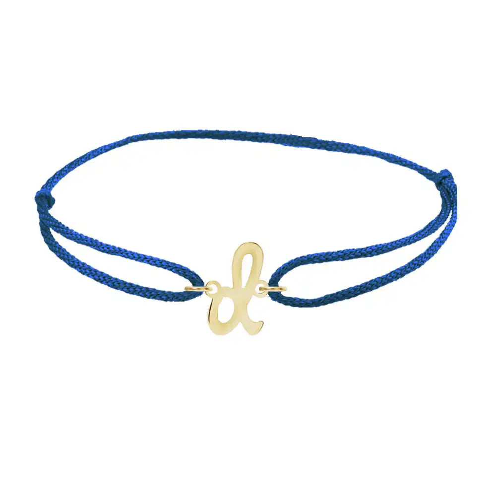 Script initial d silk bracelet in 14K yellow gold on blue silk
