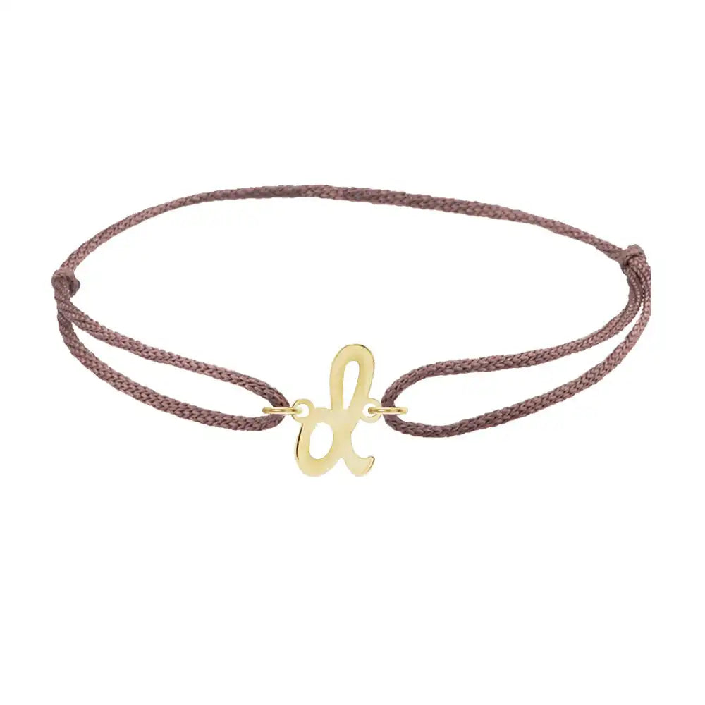 Script initial d silk bracelet in 14K yellow gold on brown silk