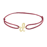 Script initial d silk bracelet in 14K yellow gold on burgundy silk