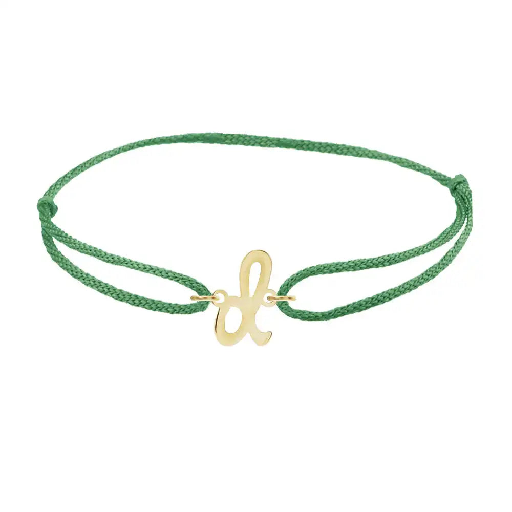 Script initial d silk bracelet in 14K yellow gold on emerald silk
