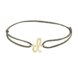 Script initial d silk bracelet in 14K yellow gold on olive silk