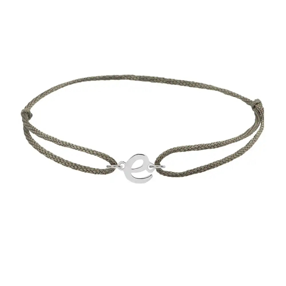 Script initial e silk bracelet in 14K white gold on olive silk