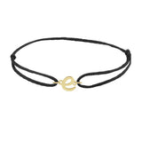 Script initial e silk bracelet in 14K yellow gold on black silk