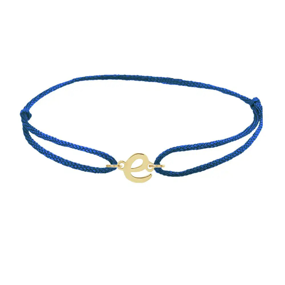 Script initial e silk bracelet in 14K yellow gold on blue silk