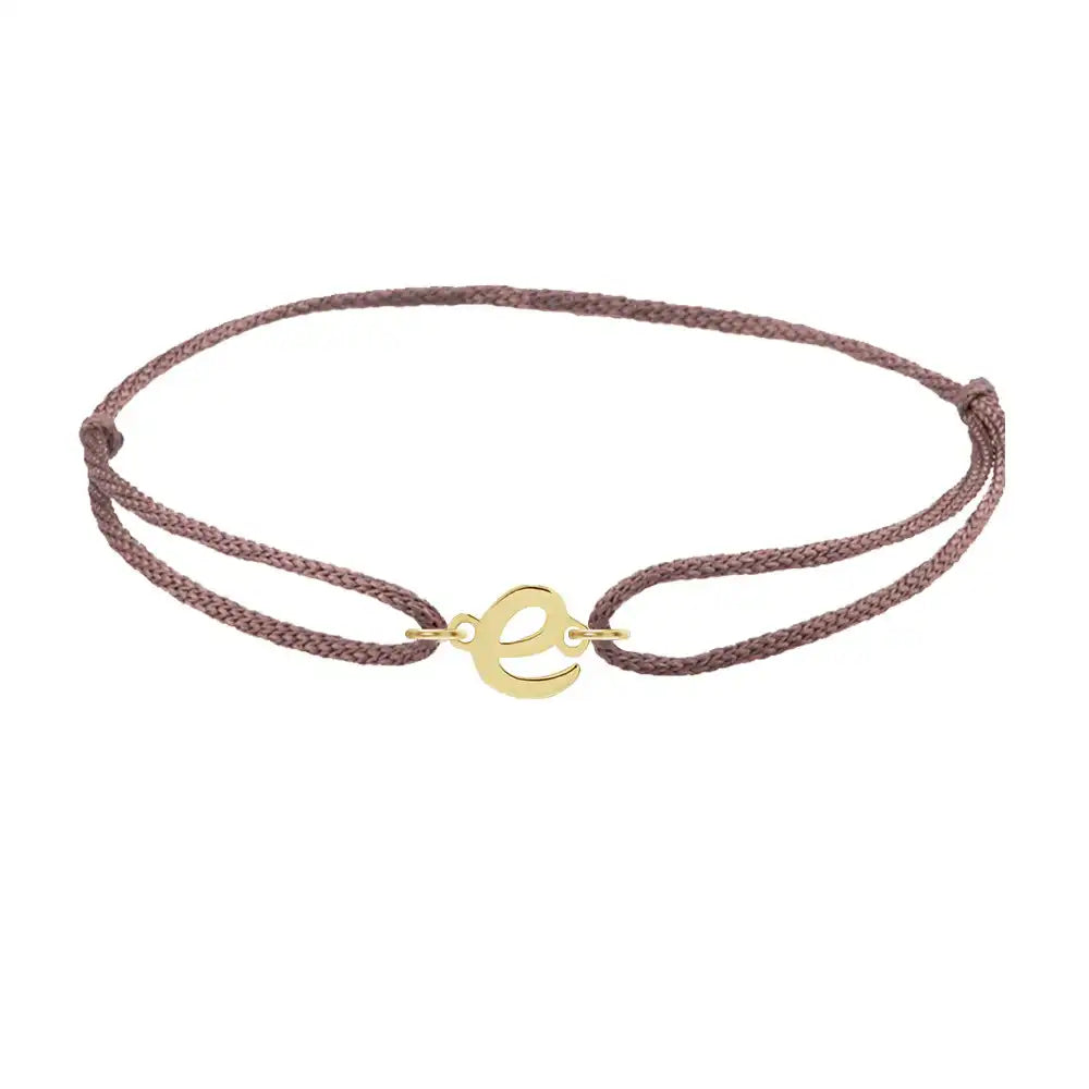 Script initial e silk bracelet in 14K yellow gold on brown silk