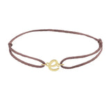 Script initial e silk bracelet in 14K yellow gold on brown silk
