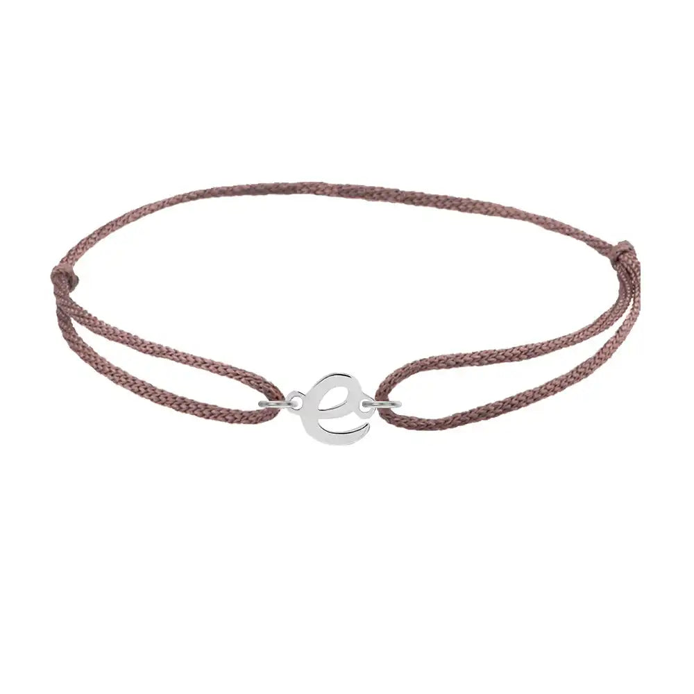 Script initial e silk bracelet in sterling silver on brown silk