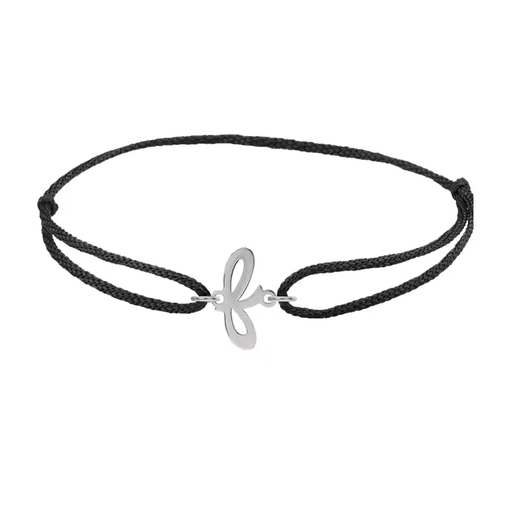 Script initial f silk bracelet in 14K white gold on black silk
