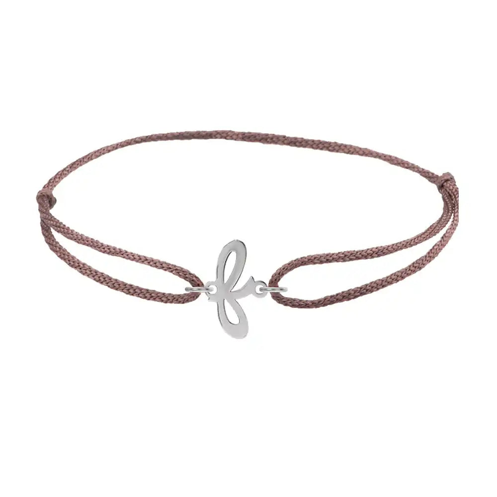 Script initial f silk bracelet in 14K white gold on brown silk
