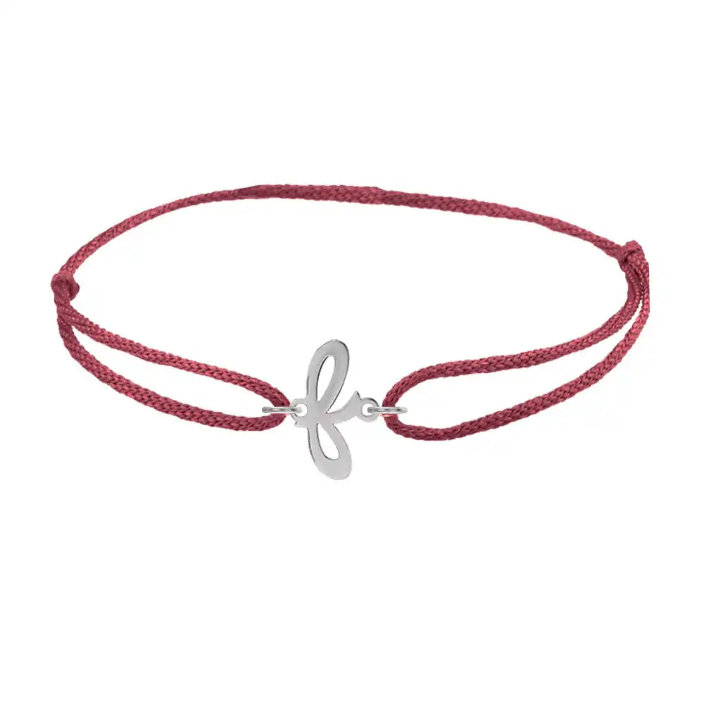 Script initial f silk bracelet in 14K white gold on burgundy silk