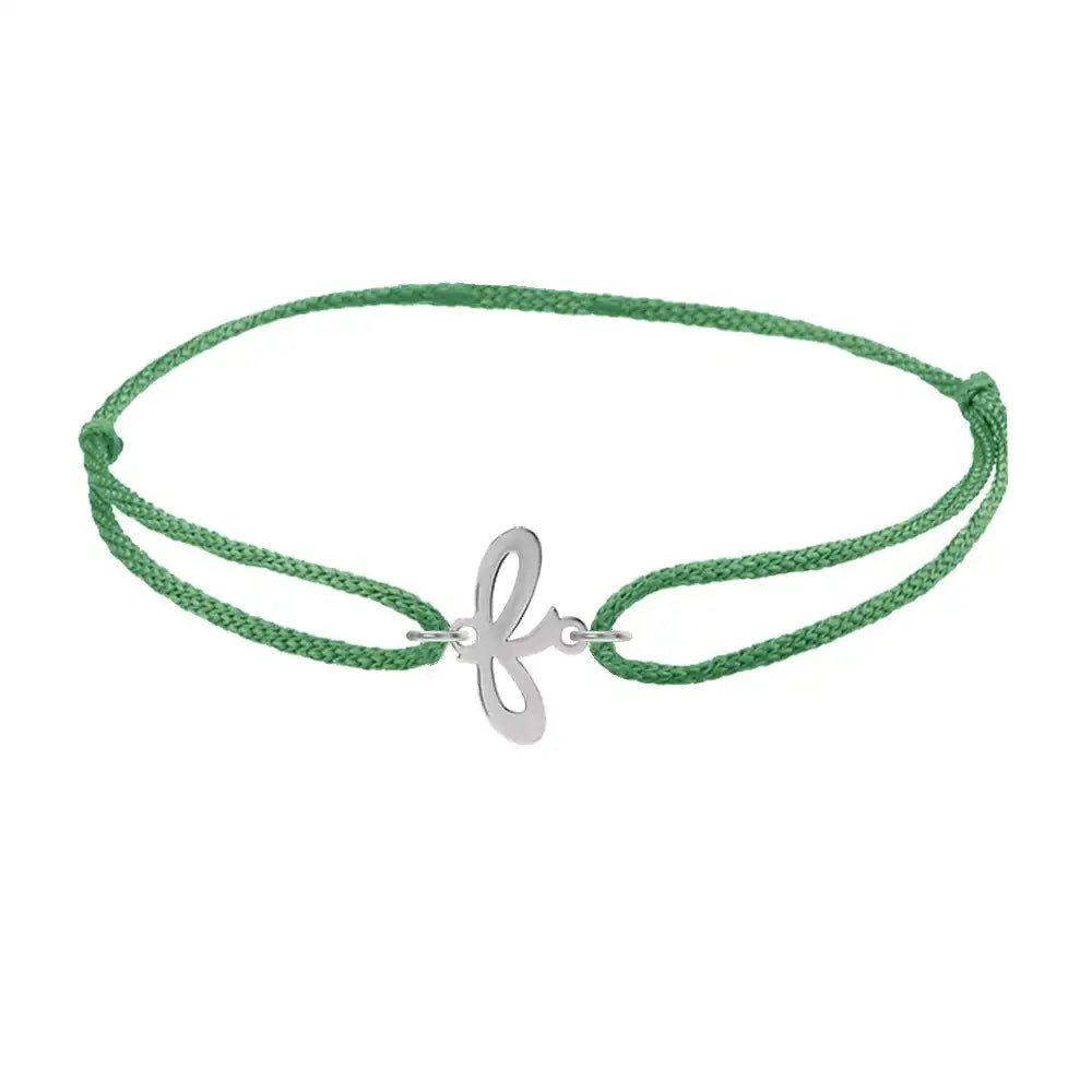 Script initial f silk bracelet in 14K white gold on emerald silk