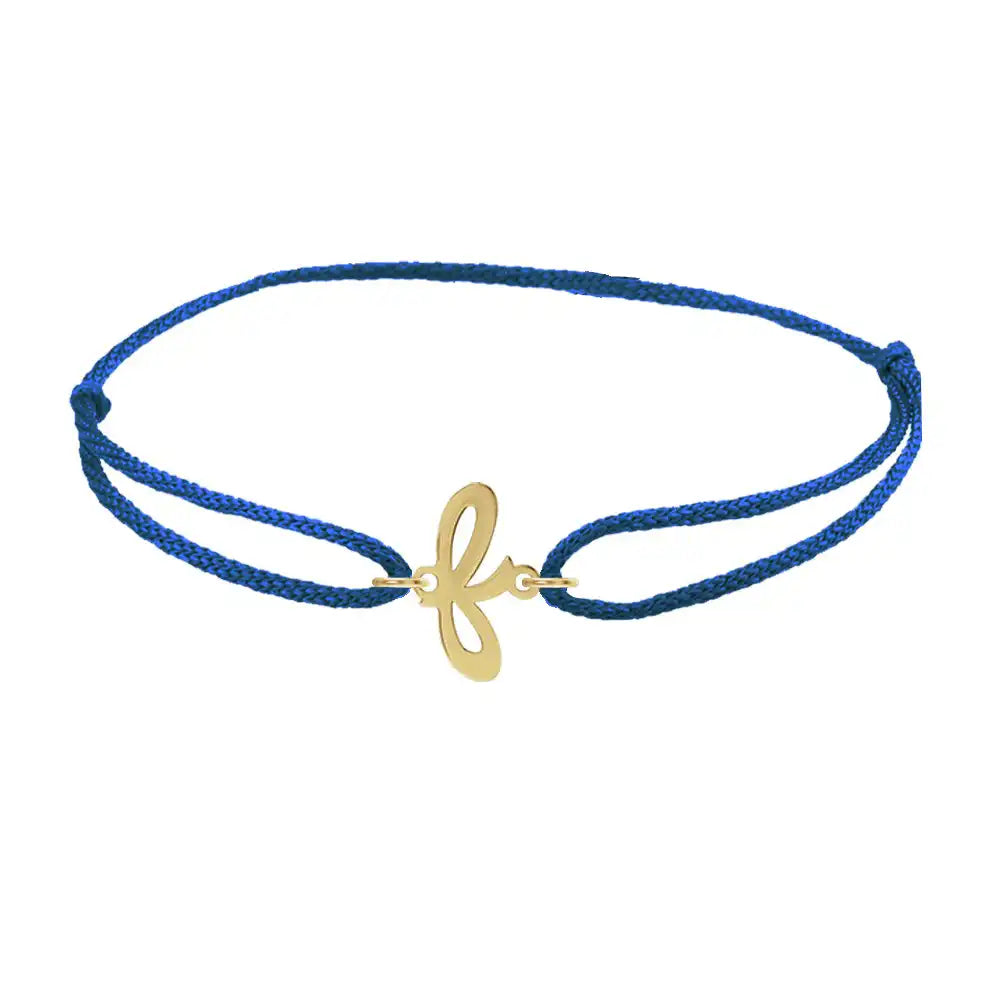 Script initial f silk bracelet in 14K yellow gold on blue silk