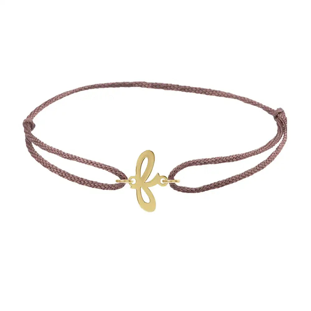 Script initial f silk bracelet in 14K yellow gold on brown silk