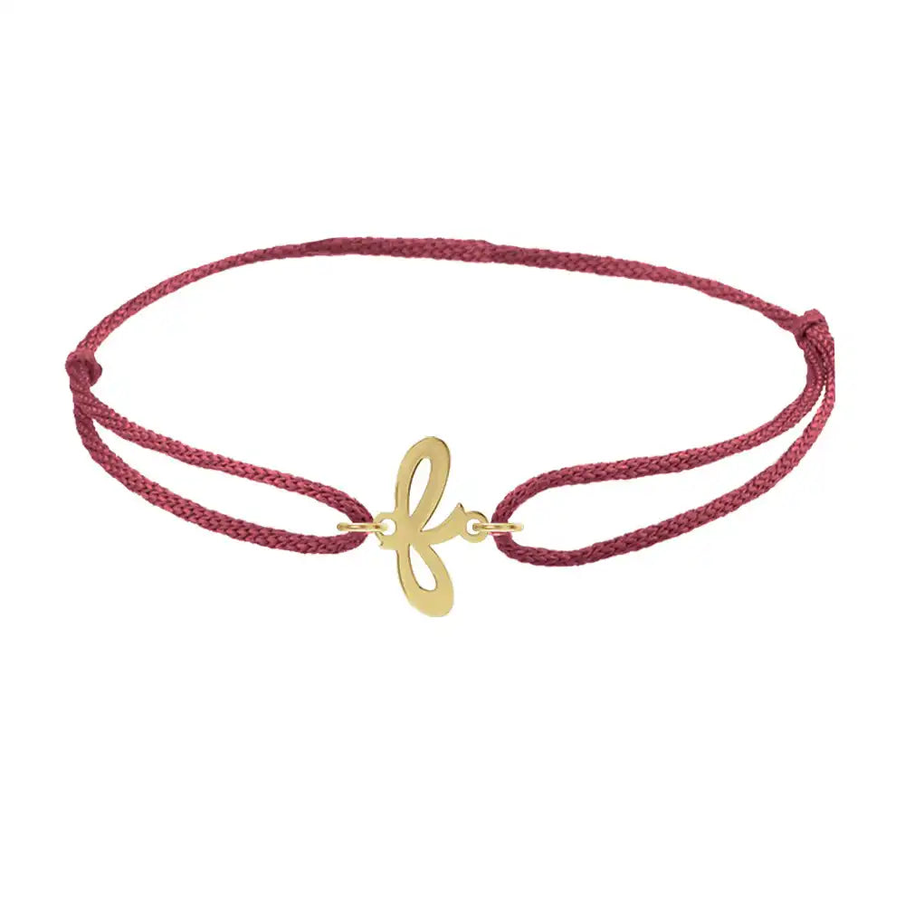 Script initial f silk bracelet in 14K yellow gold on burgundy silk