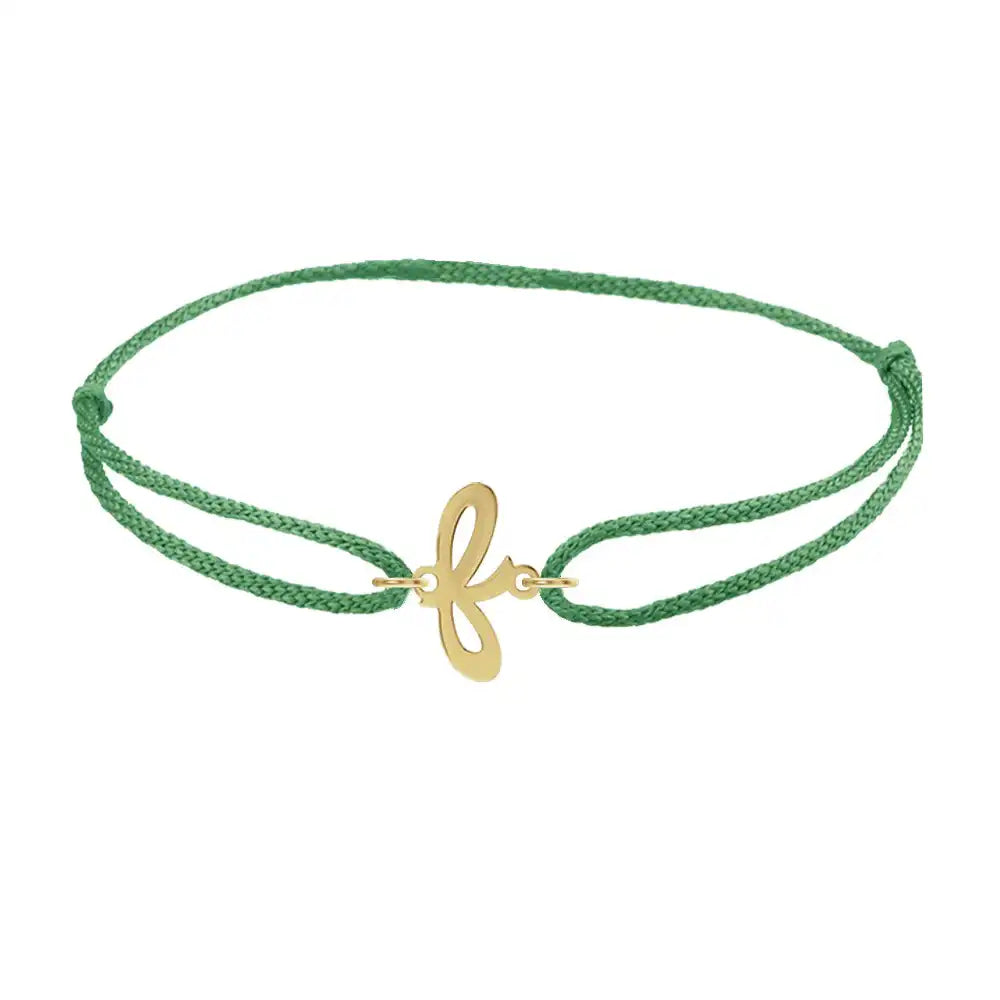 Script initial f silk bracelet in 14K yellow gold on emerald silk