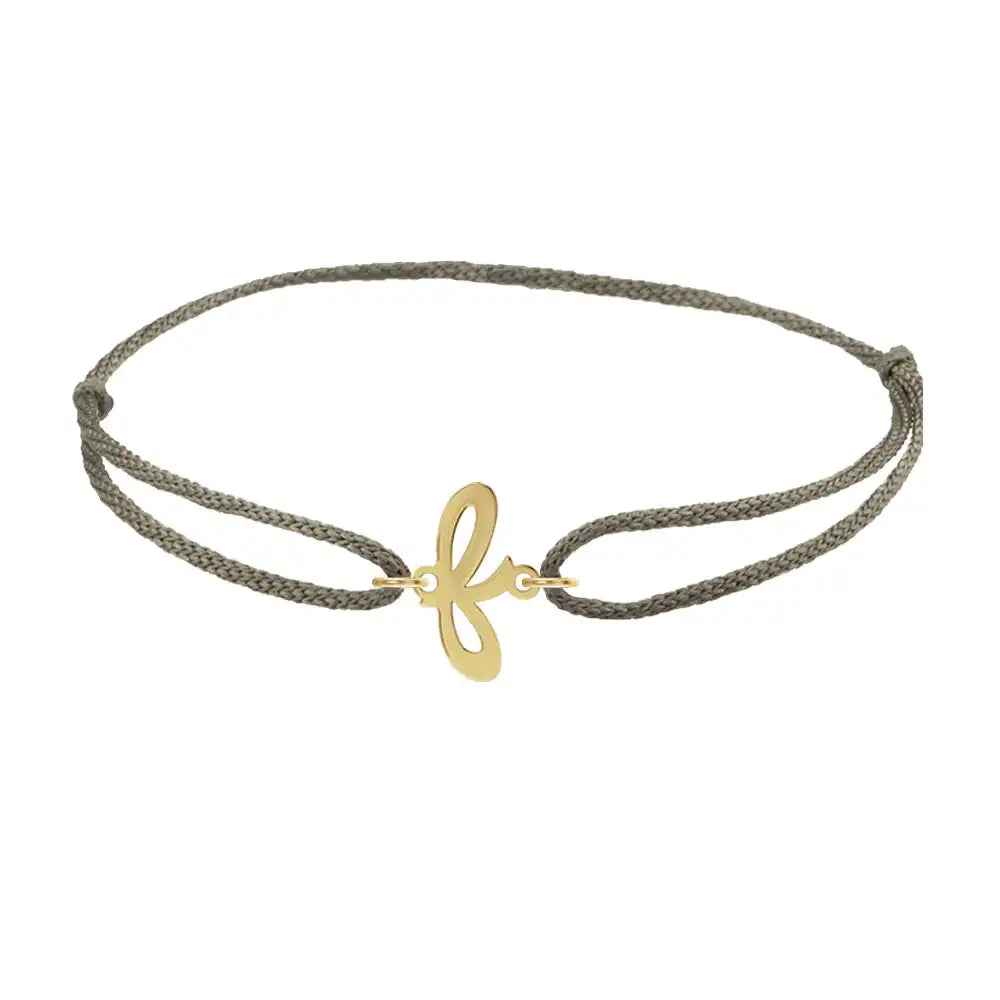 Script initial f silk bracelet in 14K yellow gold on olive silk
