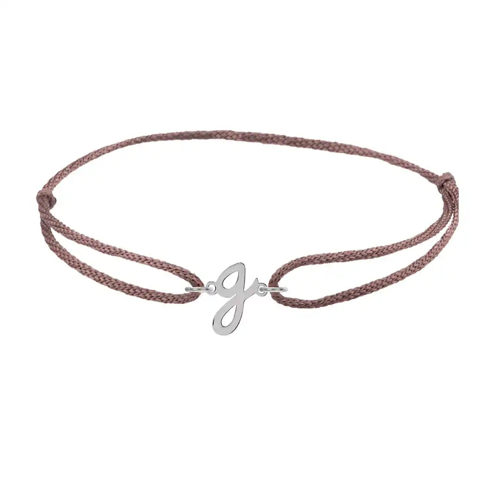 Script initial g silk bracelet in 14K white gold on brown silk