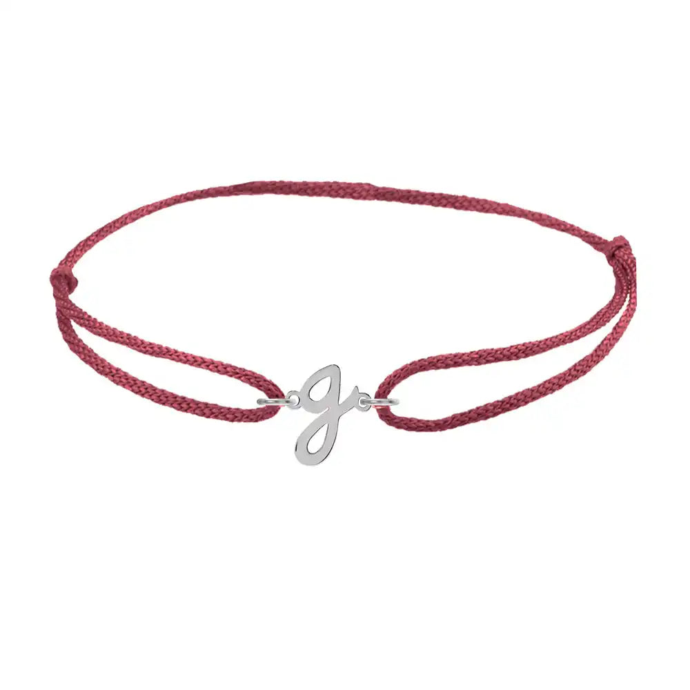 Script initial g silk bracelet in 14K white gold on burgundy silk