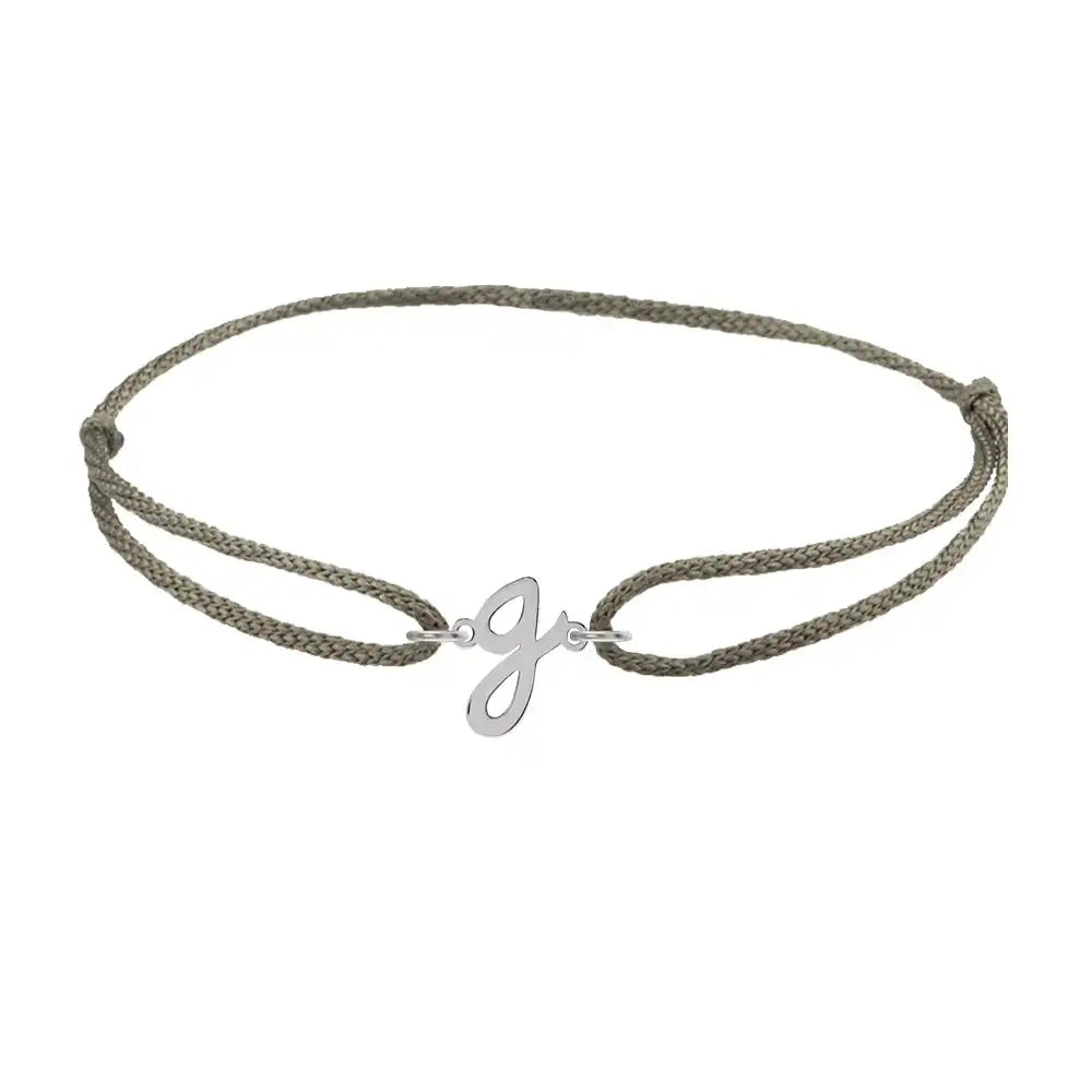 Script initial g silk bracelet in 14K white gold on olive silk
