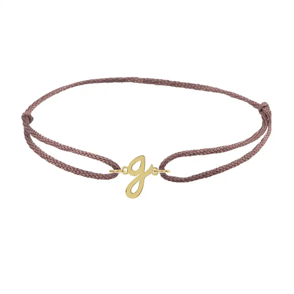 Script initial g silk bracelet in 14K yellow gold on brown silk