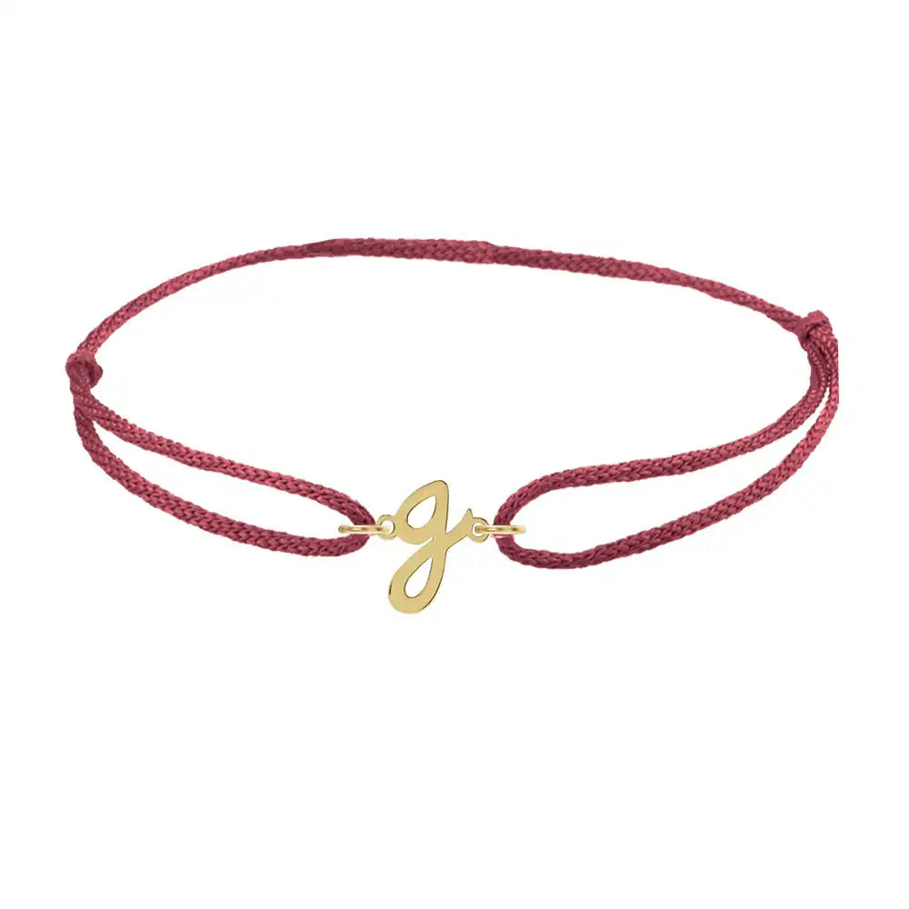 Script initial g silk bracelet in 14K yellow gold on burgundy silk