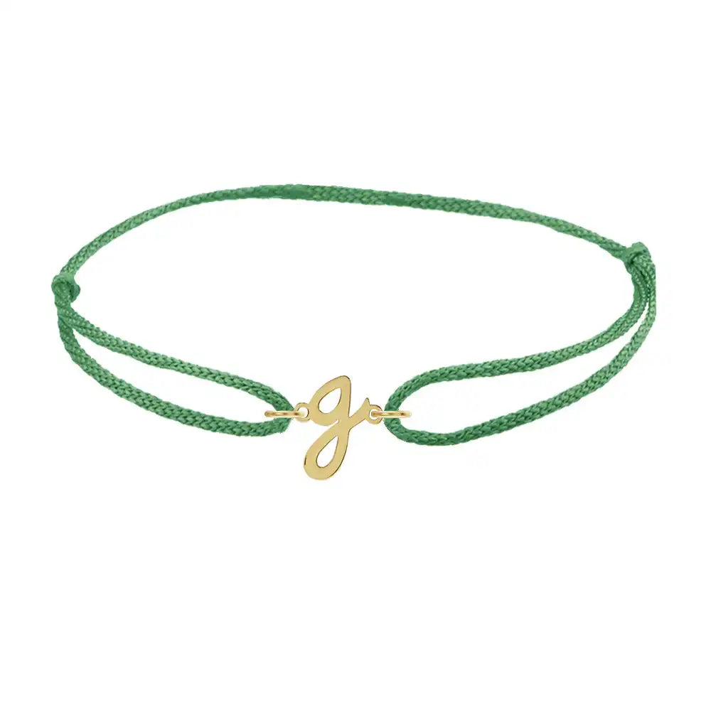 Script initial g silk bracelet in 14K yellow gold on emerald silk