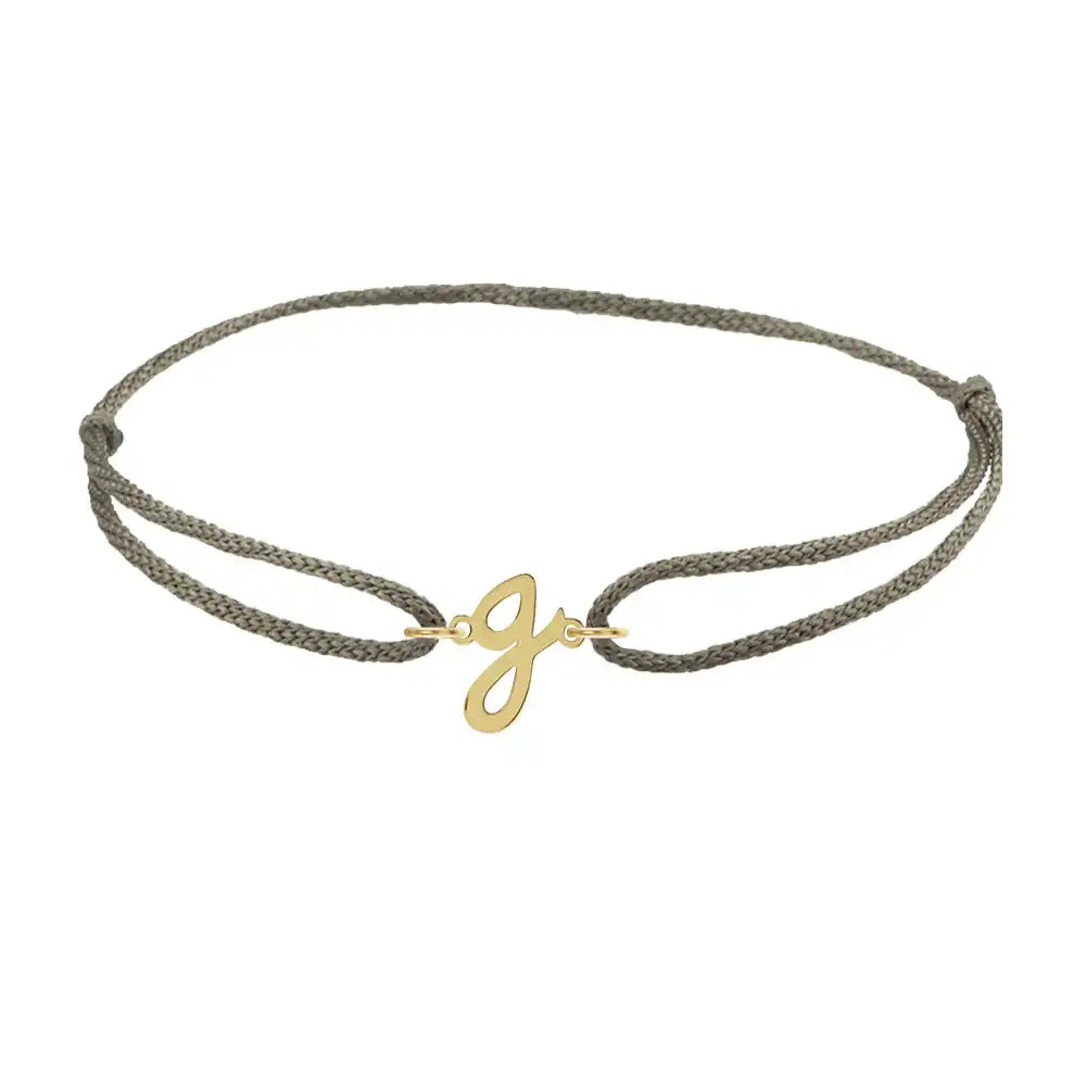 Script initial g silk bracelet in 14K yellow gold on olive silk