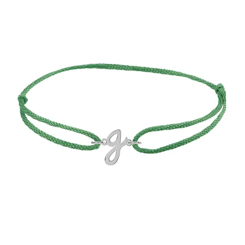 Script initial g silk bracelet in sterling silver on emerald silk