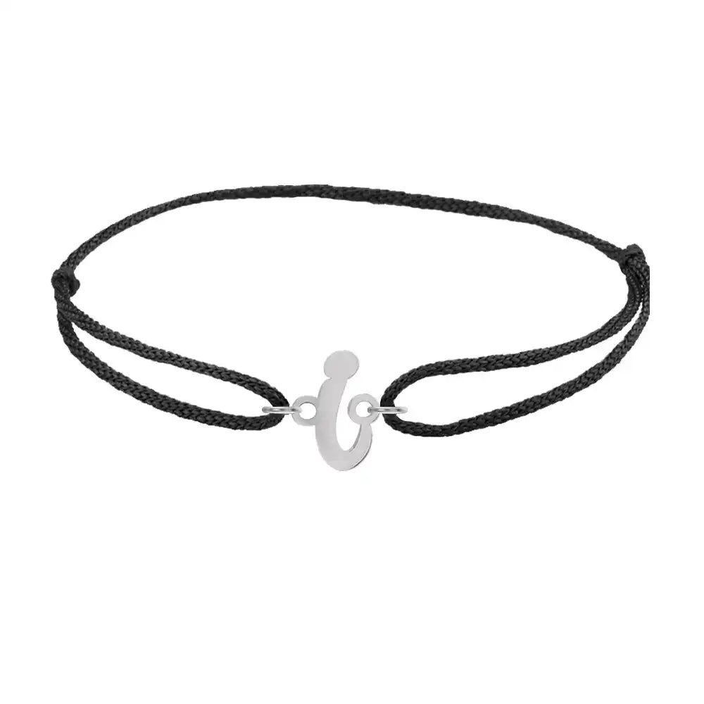 Script initial i silk bracelet in 14K white gold on black silk