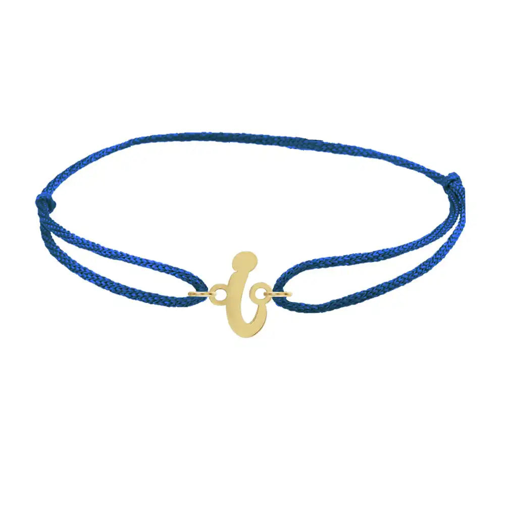 Script initial i silk bracelet in 14K yellow gold on blue silk