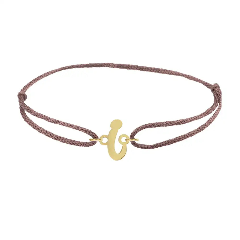 Script initial i silk bracelet in 14K yellow gold on brown silk