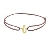 Script initial i silk bracelet in 14K yellow gold on brown silk