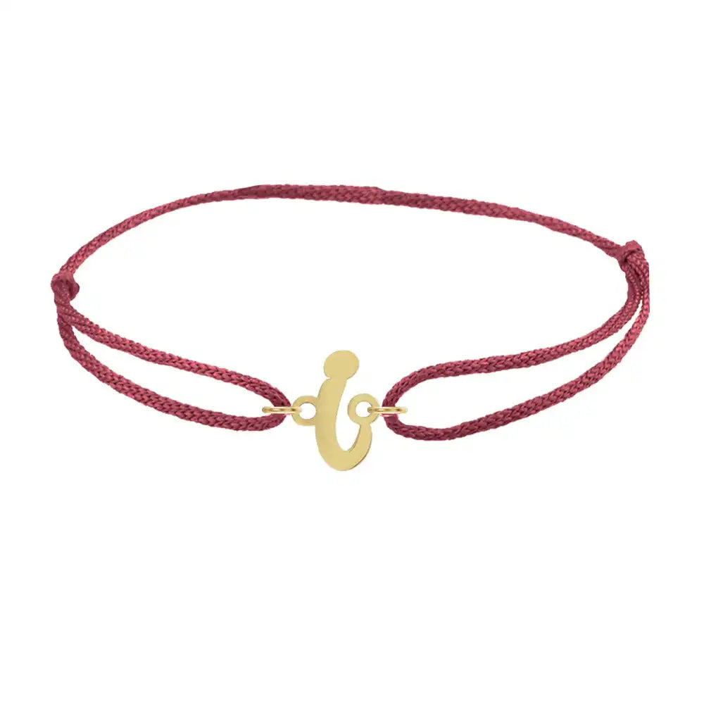 Script initial i silk bracelet in 14K yellow gold on burgundy silk