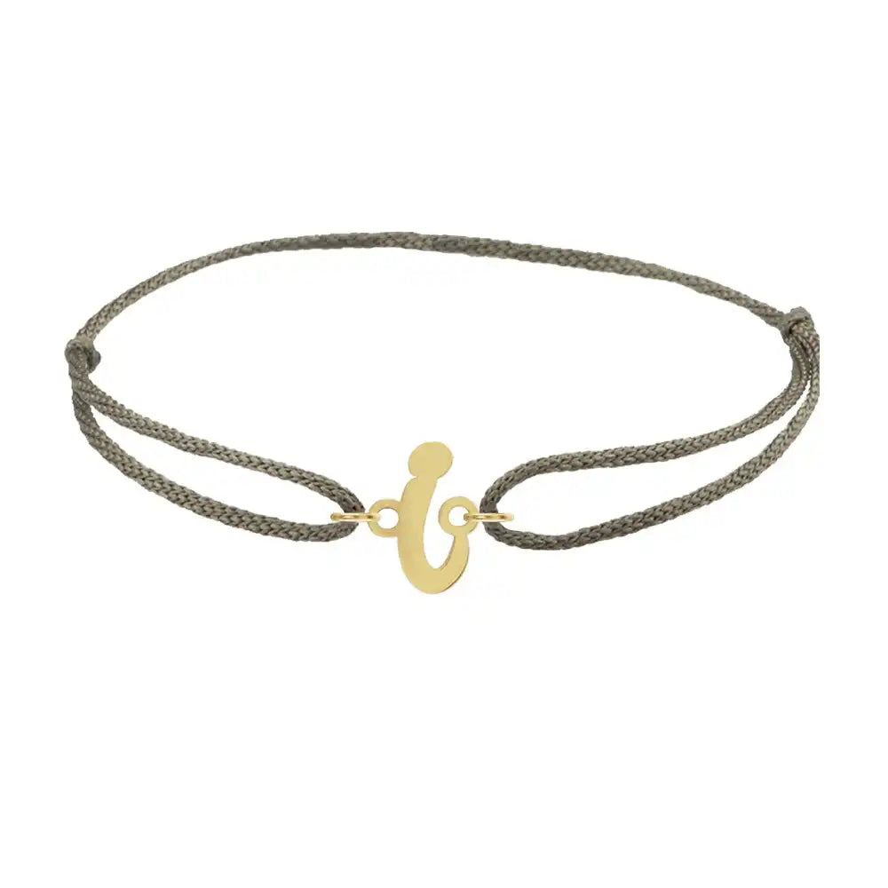 Script initial i silk bracelet in 14K yellow gold on olive silk