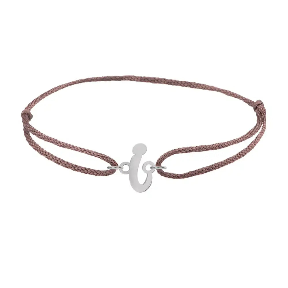 Script initial i silk bracelet in sterling silver on brown silk