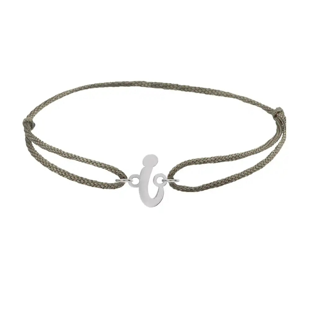 Script initial i silk bracelet in sterling silver on olive silk
