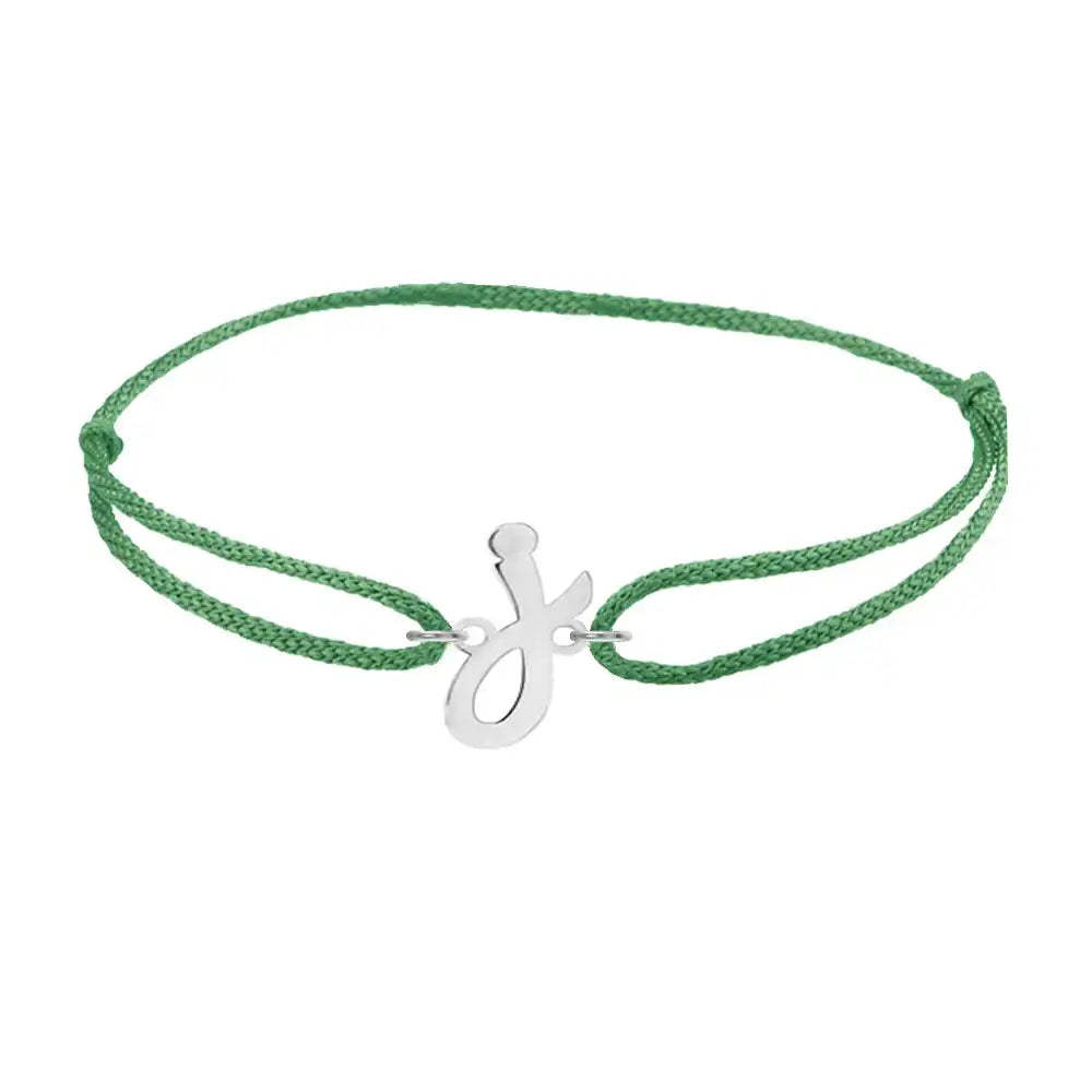 Script initial j silk bracelet in 14K white gold on emerald silk