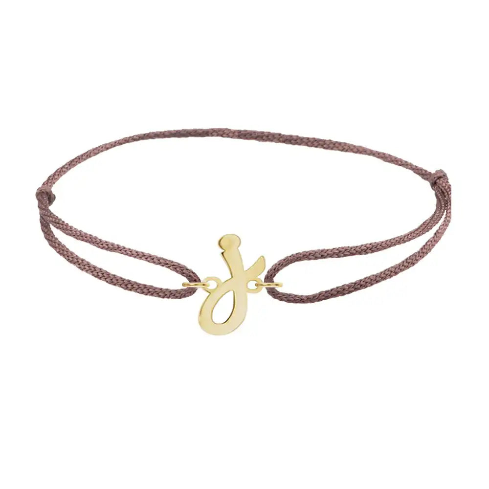 Script initial j silk bracelet in 14K yellow gold on brown silk