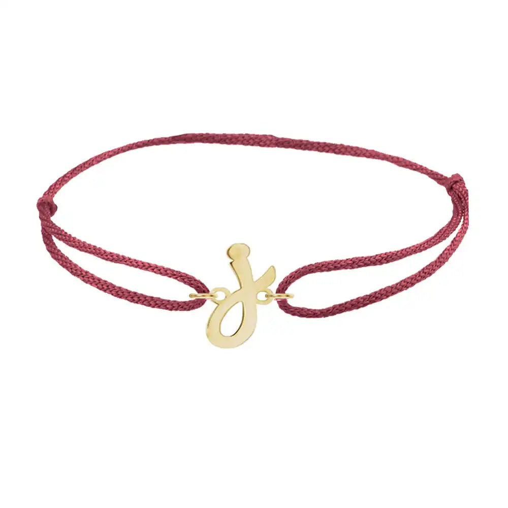 Script initial j silk bracelet in 14K yellow gold on burgundy silk