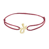 Script initial j silk bracelet in 14K yellow gold on burgundy silk