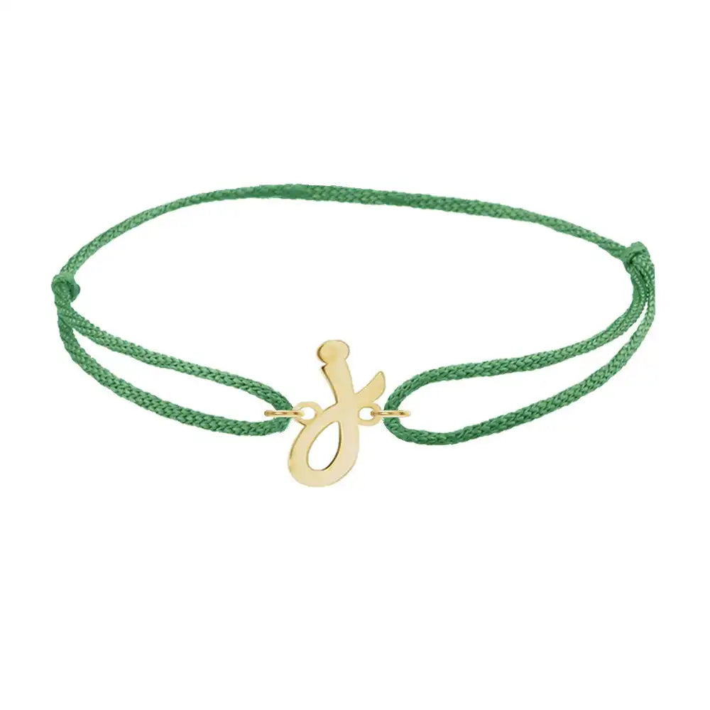 Script initial j silk bracelet in 14K yellow gold on emerald silk