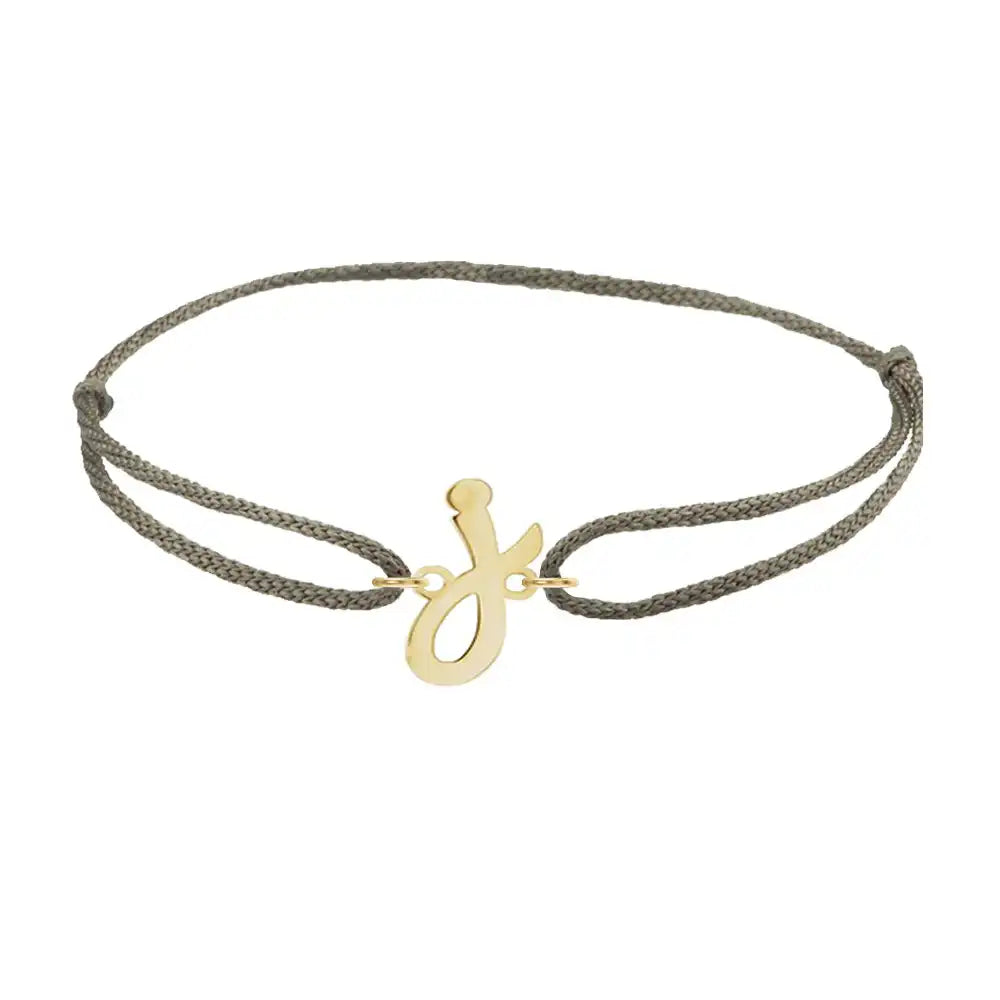 Script initial j silk bracelet in 14K yellow gold on olive silk