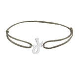 Script initial j silk bracelet in sterling silver on olive silk