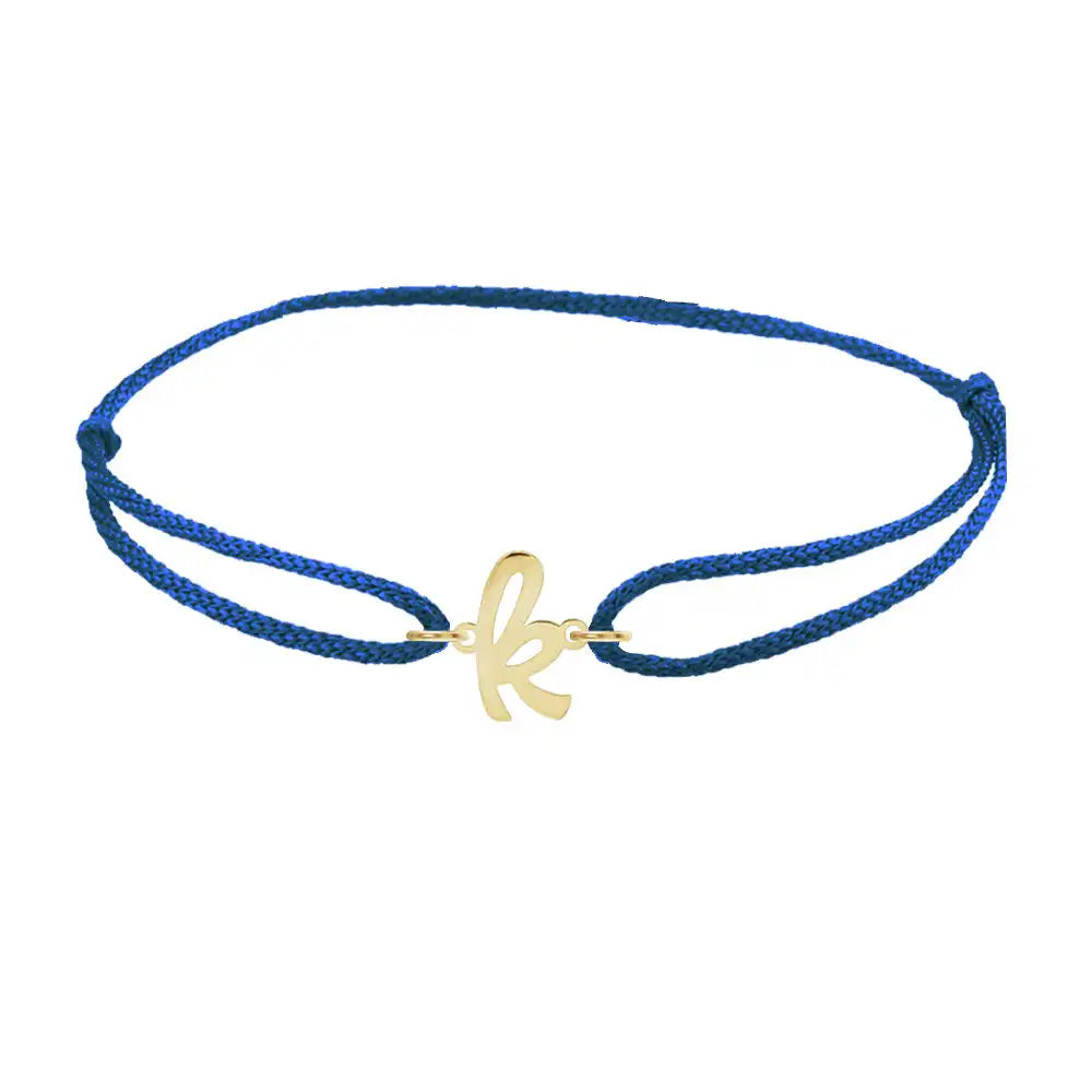 Script initial k silk bracelet in 14K yellow gold on blue silk