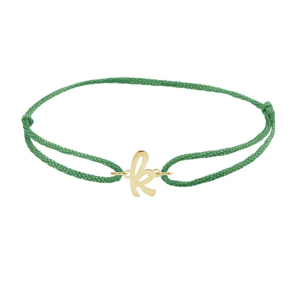 Script initial k silk bracelet in 14K yellow gold on emerald silk